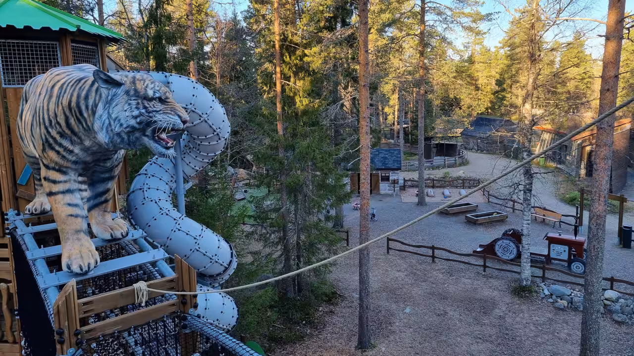 Kinder erleben ein aufregendes Abenteuer, während sie durch das realistisch gestaltete Tigernskelett auf dem Tiger-Spielplatz im Ranua Wildlife Park laufen.