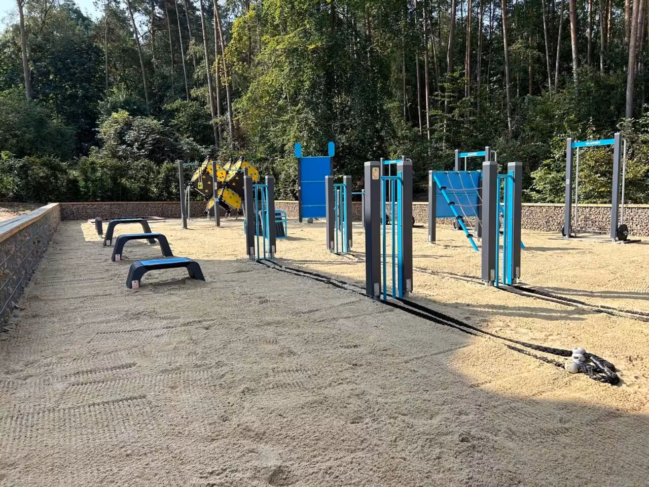 Perfekt für Bootcamp und Outdoor-Workouts Moderne Fitnessgeräte in harmonischen Blau- und Grüntönen eingebettet in eine grüne Umgebung.